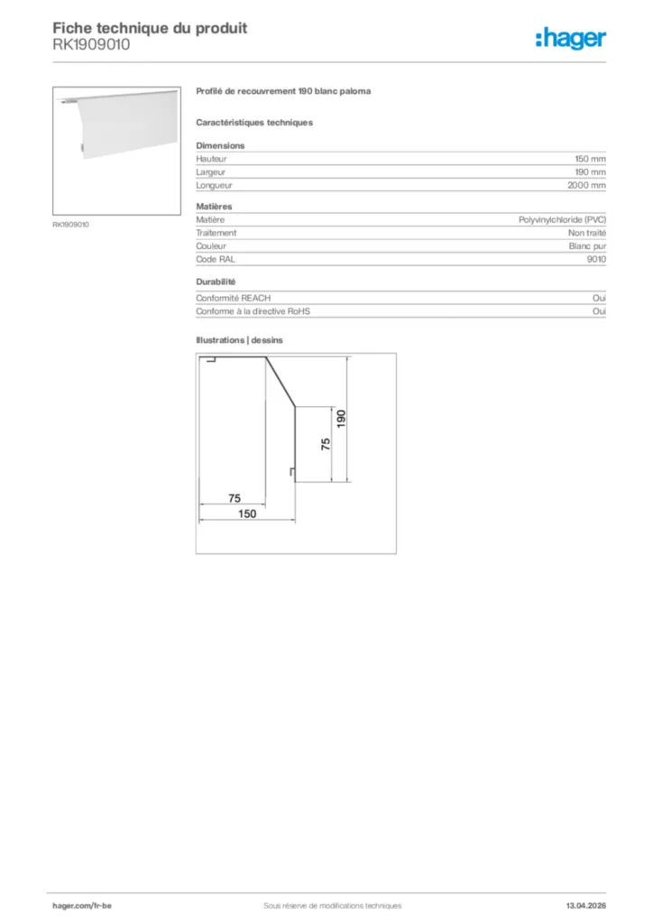 Image Hager Fiche technique du produit RK1909010 | Hager Belgique