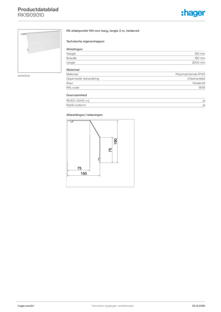 Afbeelding Hager Productdatablad RK1909010 | Hager Nederland
