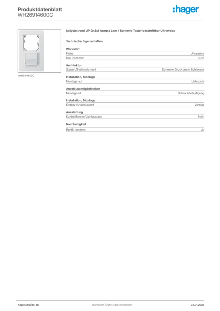 Bild Hager Produktdatenblatt WH26914600C | Hager Schweiz