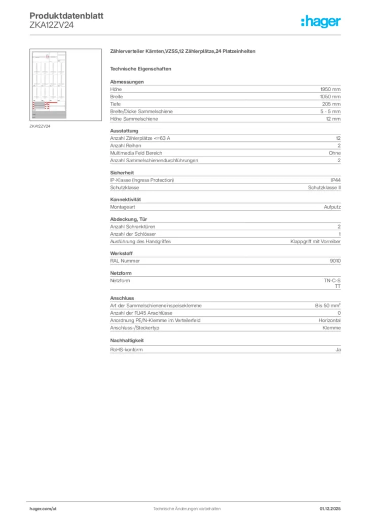 Bild Hager Produktdatenblatt ZKA12ZV24 | Hager Deutschland