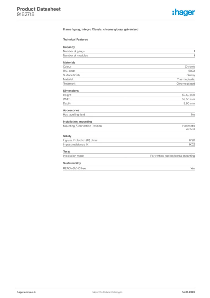 Image Hager Product data sheet 9182718  | Hager