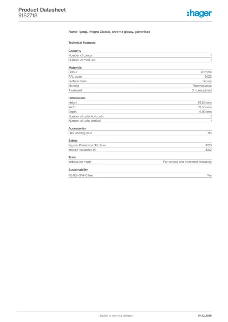 Image Hager Product data sheet 9182718  | Hager