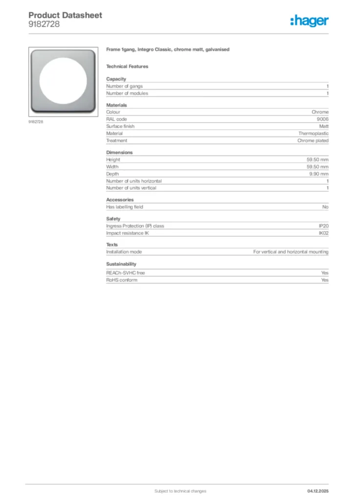 Image Hager Product data sheet 9182728  | Hager