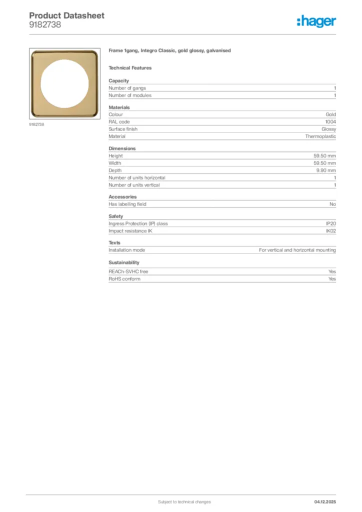 Image Hager Product data sheet 9182738  | Hager