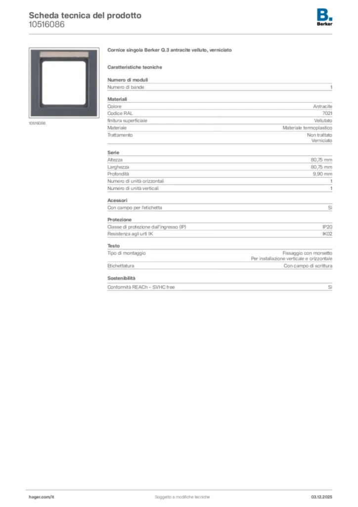 Immagine Berker Scheda tecnica del prodotto 10516086 | Hager Italia