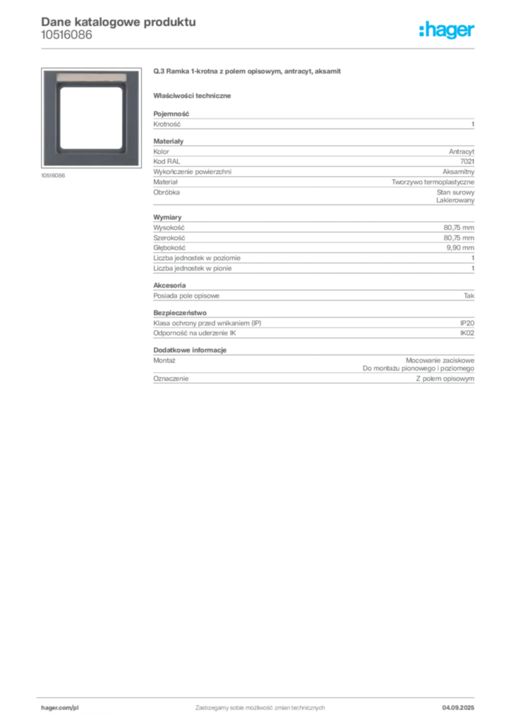Zdjęcie Hager Dane katalogowe produktu 10516086 | Hager Polska
