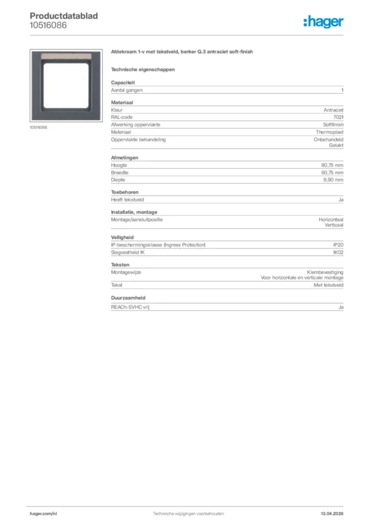 Afbeelding Hager Productdatablad 10516086 | Hager Nederland
