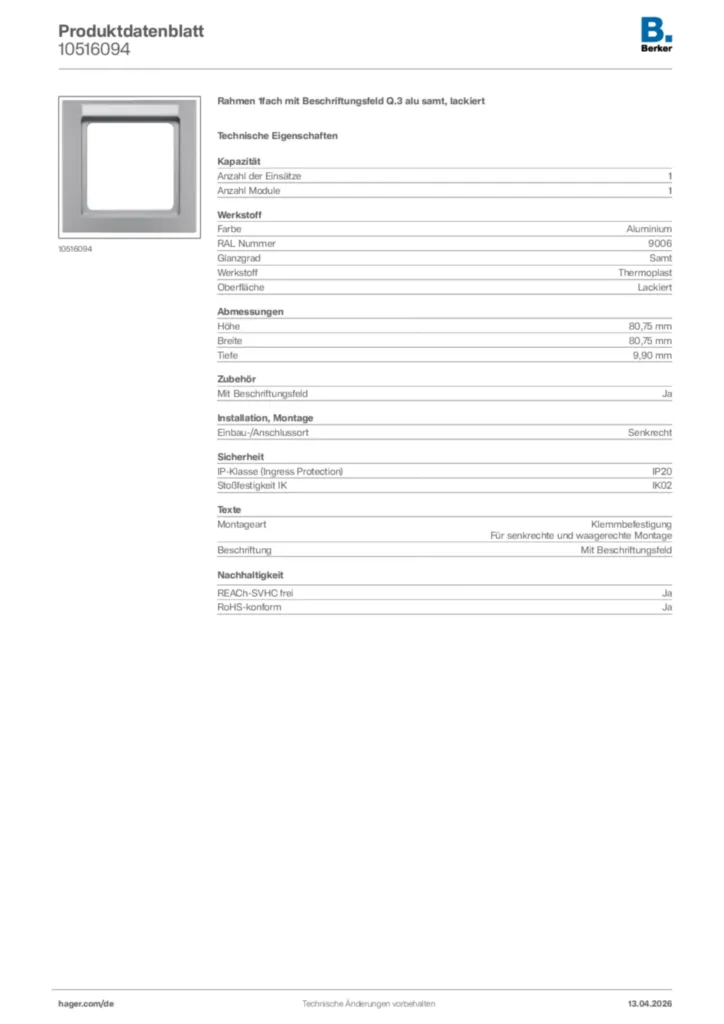 Bild Berker Produktdatenblatt 10516094 | Hager Deutschland