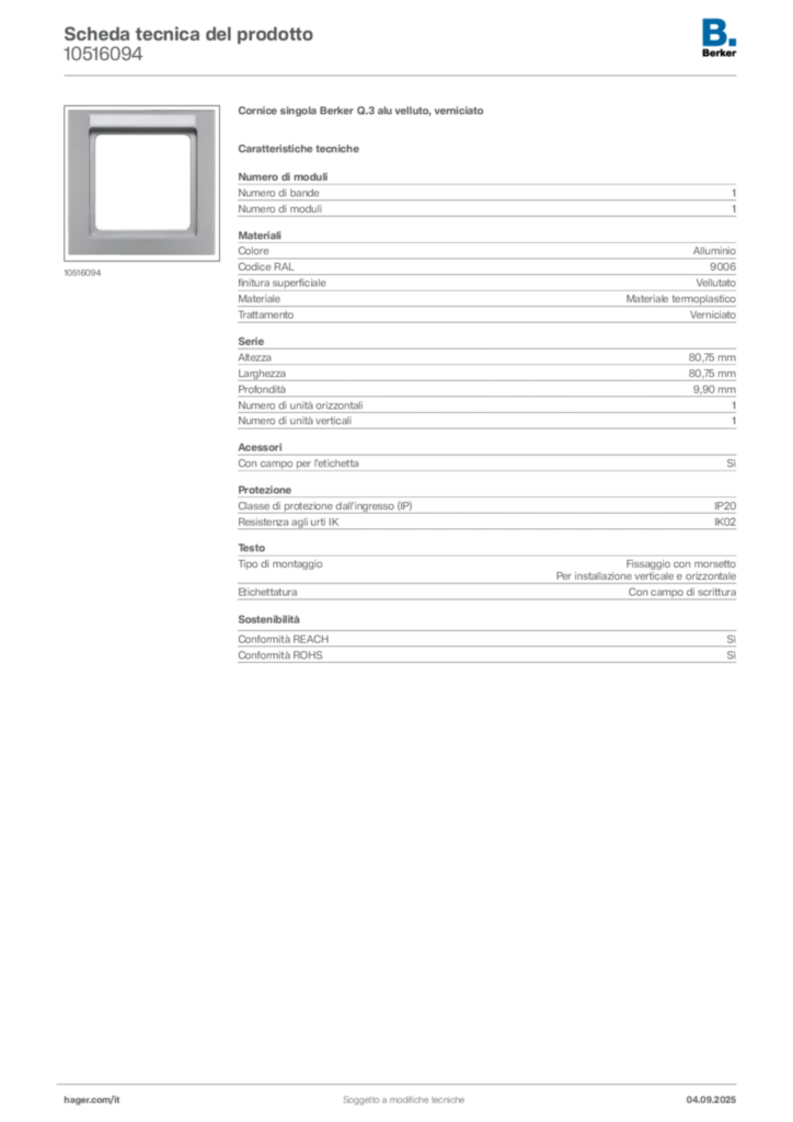 Immagine Berker Scheda tecnica del prodotto 10516094 | Hager Italia