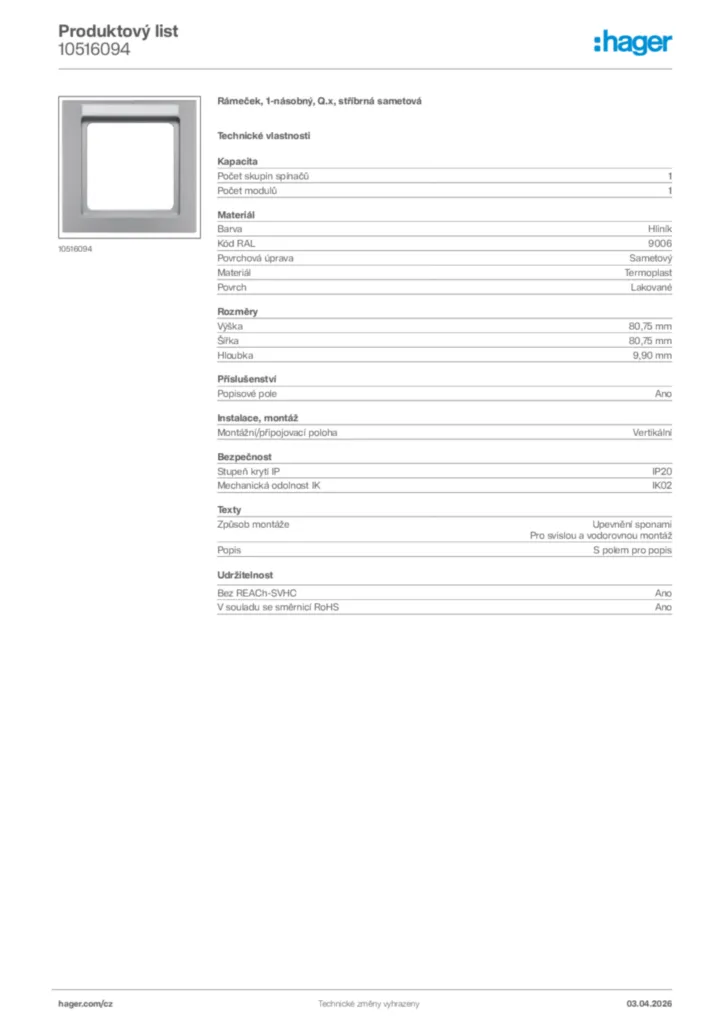 Obrázek Hager Product data sheet 10516094 | Hager
