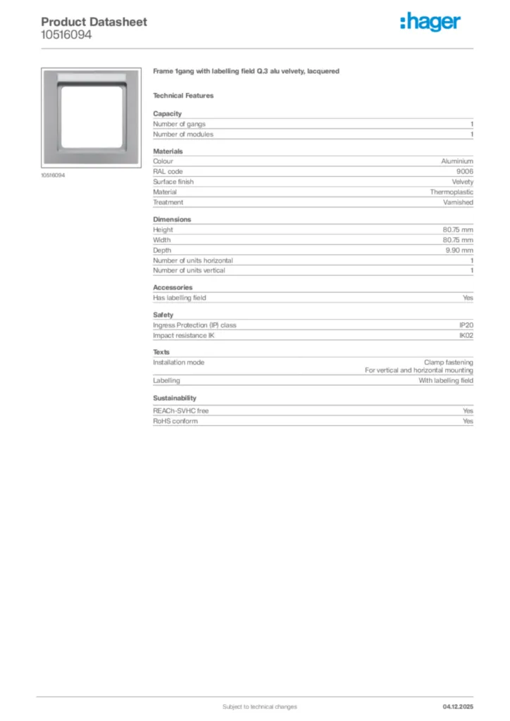 Image Hager Product data sheet 10516094  | Hager