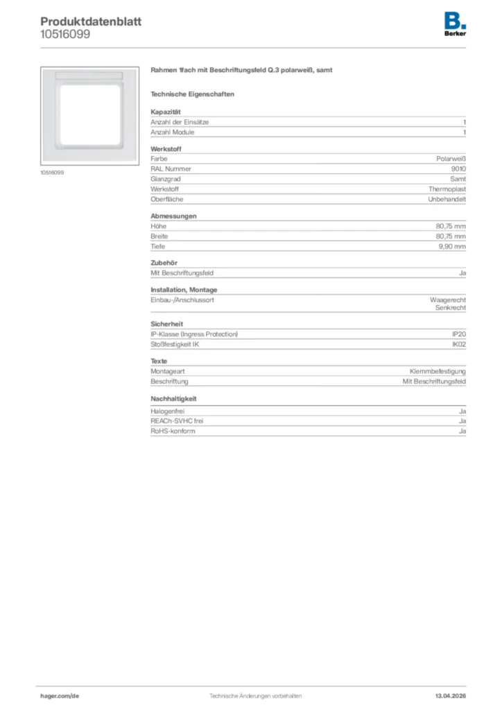 Bild Berker Produktdatenblatt 10516099 | Hager Deutschland