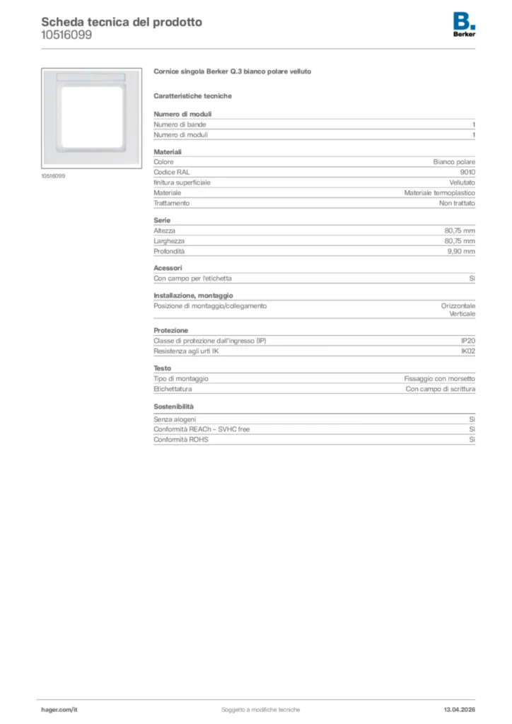 Immagine Berker Scheda tecnica del prodotto 10516099 | Hager Italia