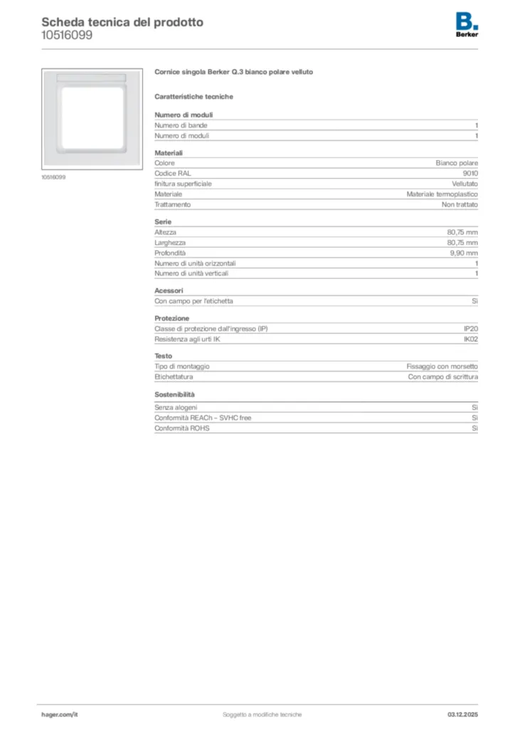 Immagine Berker Scheda tecnica del prodotto 10516099 | Hager Italia