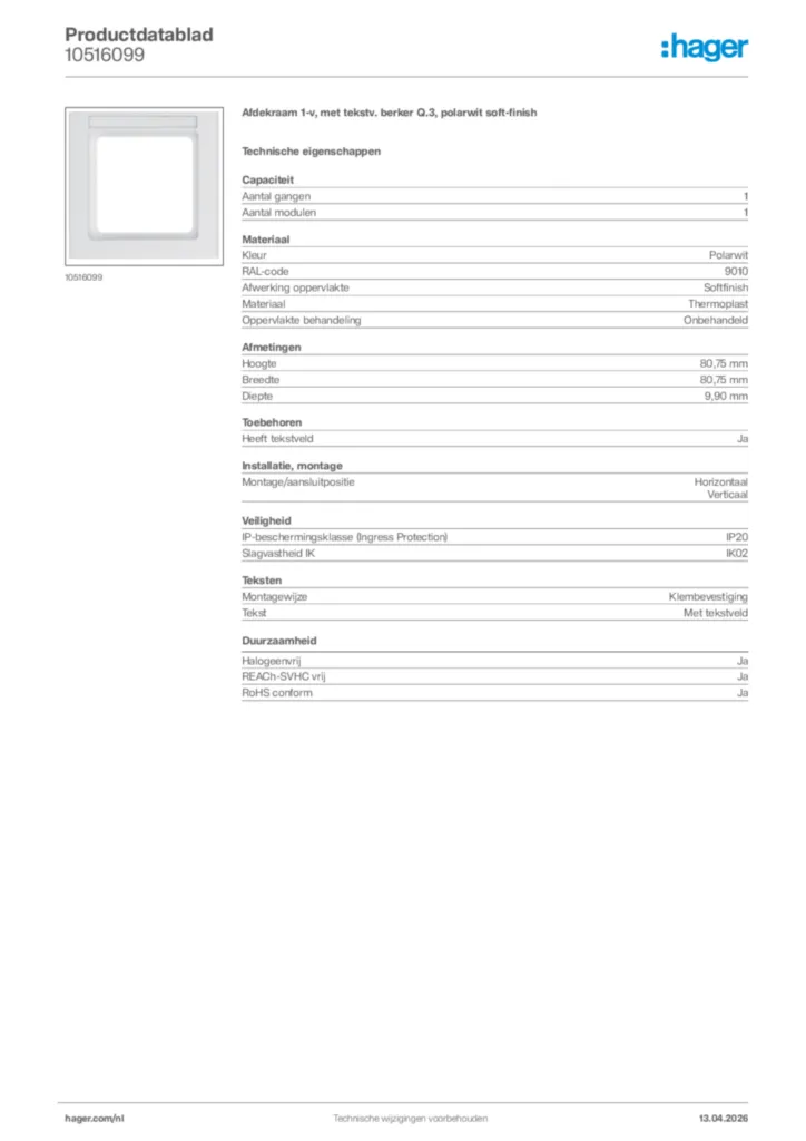 Afbeelding Hager Productdatablad 10516099 | Hager Nederland