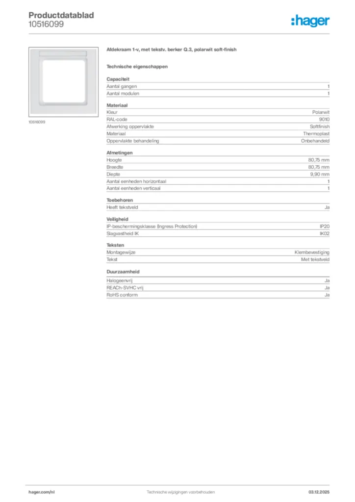 Afbeelding Hager Productdatablad 10516099 | Hager Nederland