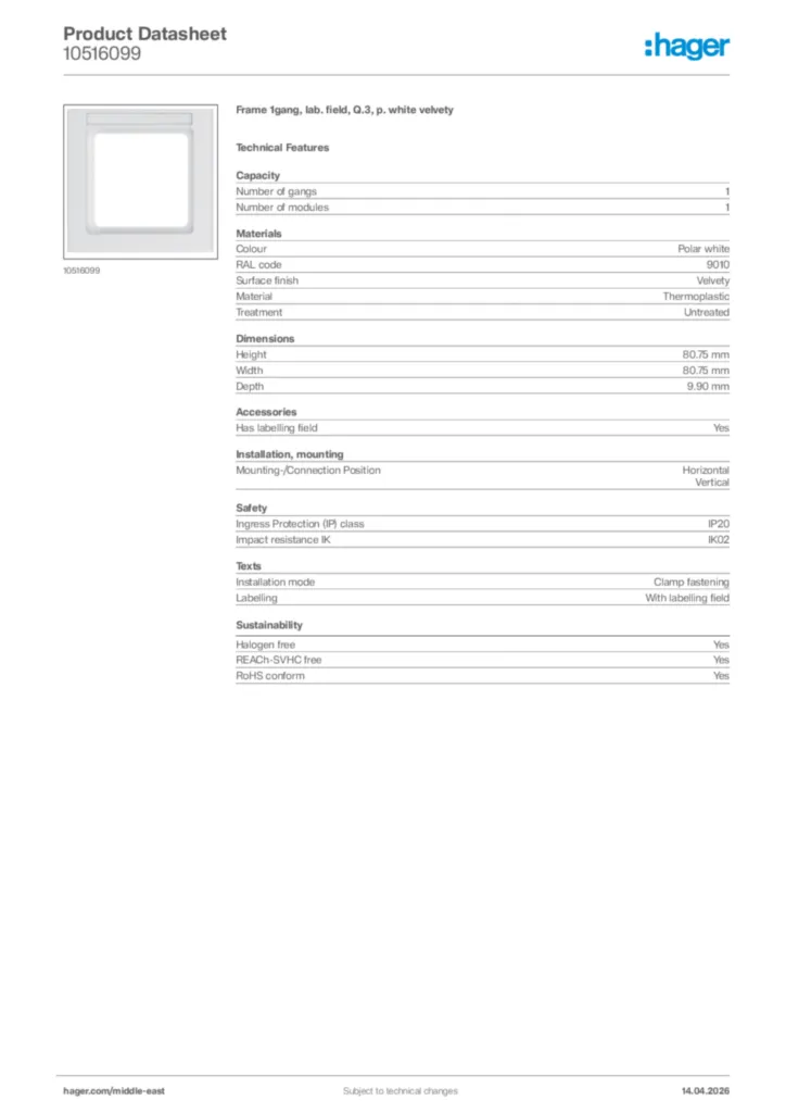 Image Hager Product data sheet 10516099  | Hager