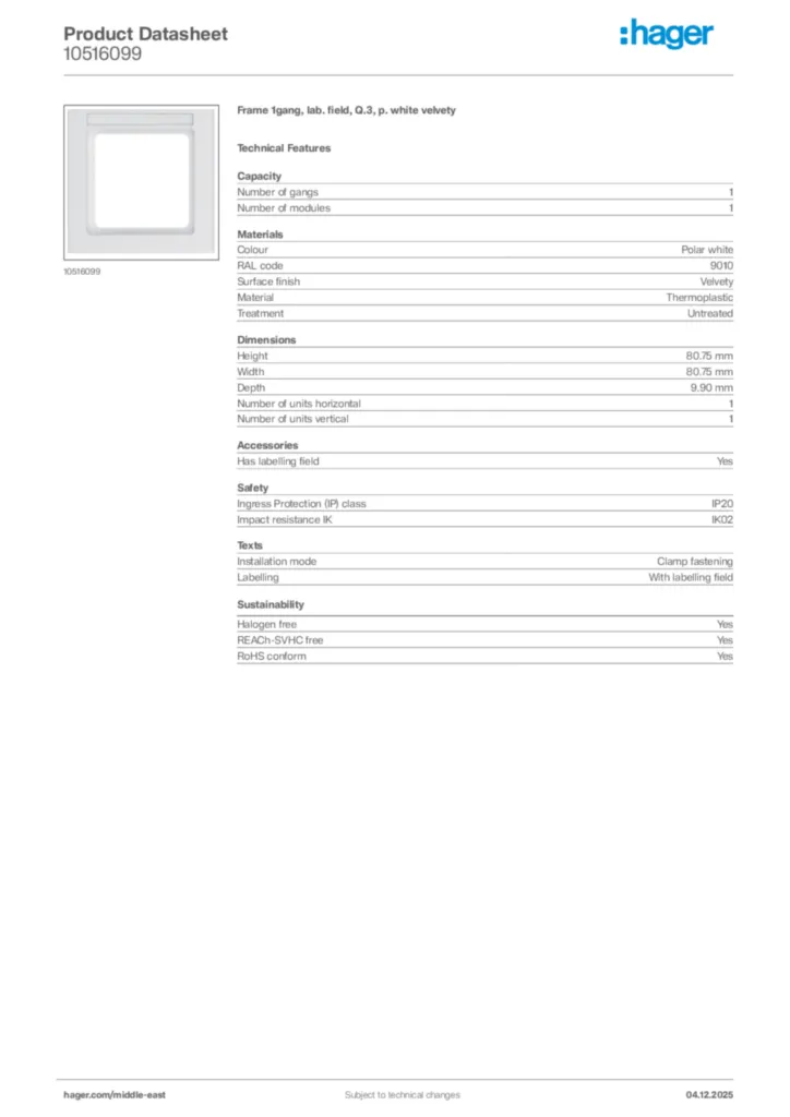 Image Hager Product data sheet 10516099  | Hager