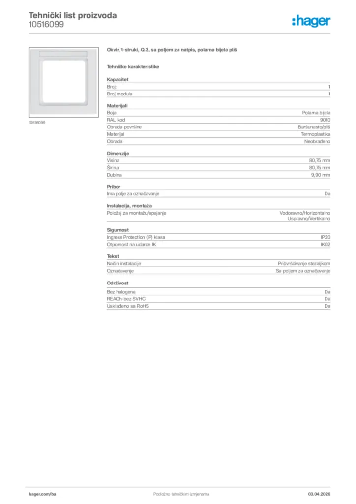 Slika Hager Tehnički list proizvoda 10516099  | Hager