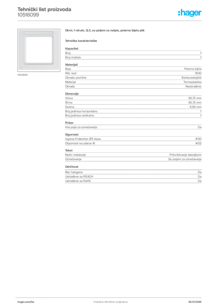 Slika Hager Product data sheet 10516099  | Hager