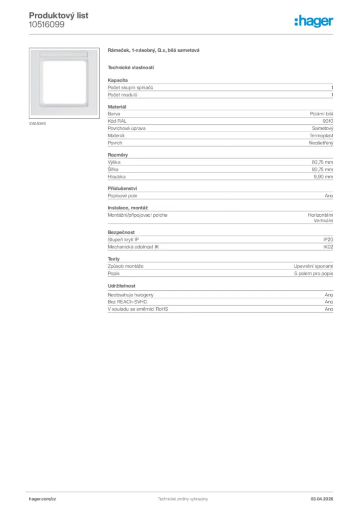 Obrázek Hager Product data sheet 10516099 | Hager