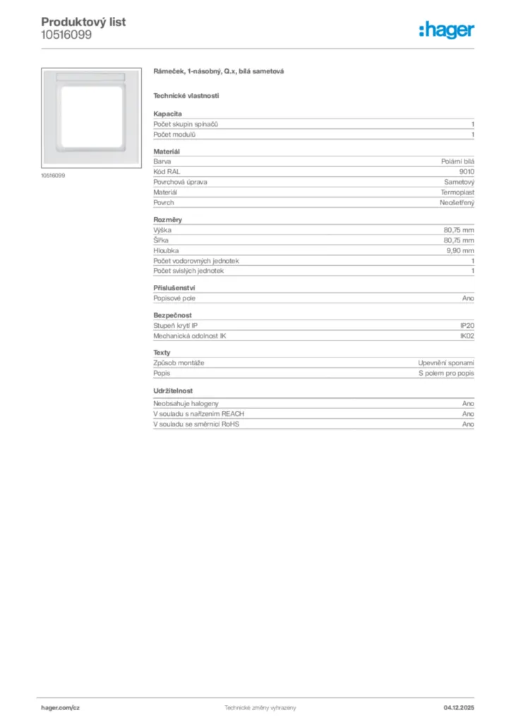 Obrázek Hager Produktový list 10516099 | Hager