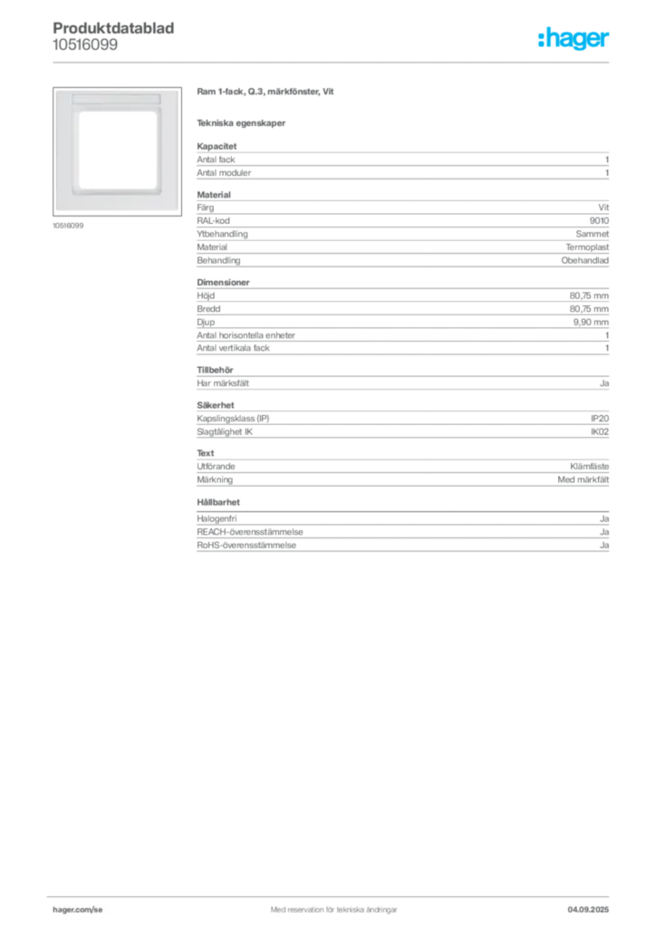 Bild Hager Produktdatablad 10516099 | Hager Sverige