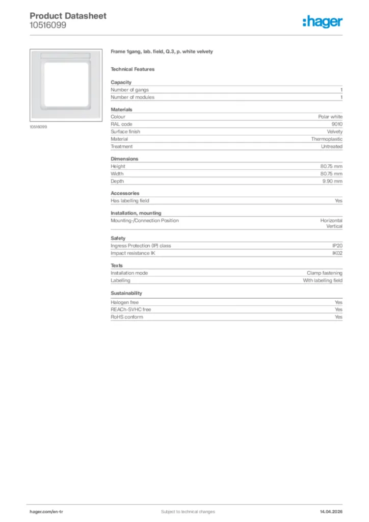 Image Hager Product data sheet 10516099  | Hager