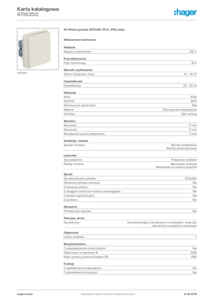 Zdjęcie Hager Karta katalogowa 47063512 | Hager Polska