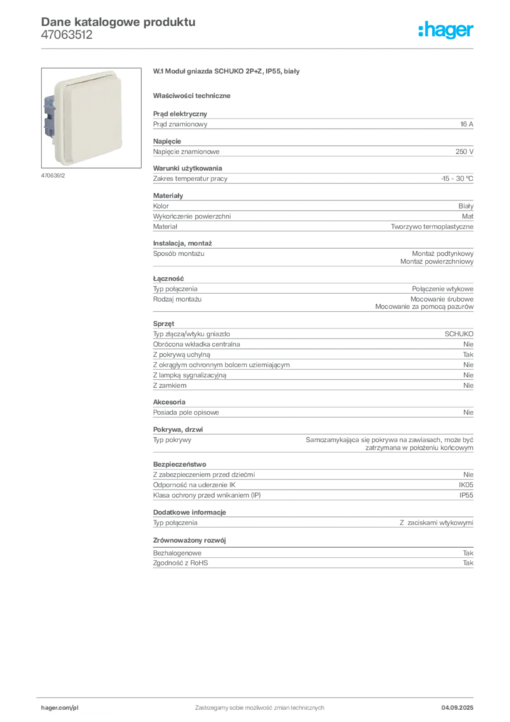 Zdjęcie Hager Dane katalogowe produktu 47063512 | Hager Polska