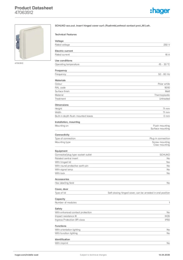 Image Hager Product data sheet 47063512  | Hager