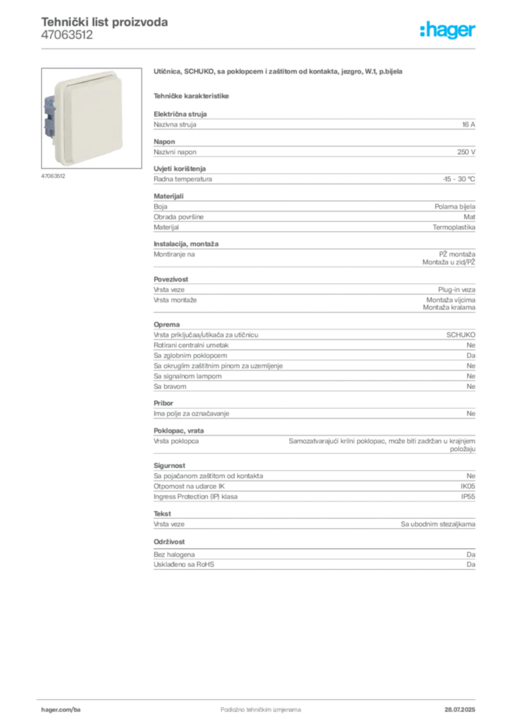 Slika Hager Product data sheet 47063512  | Hager