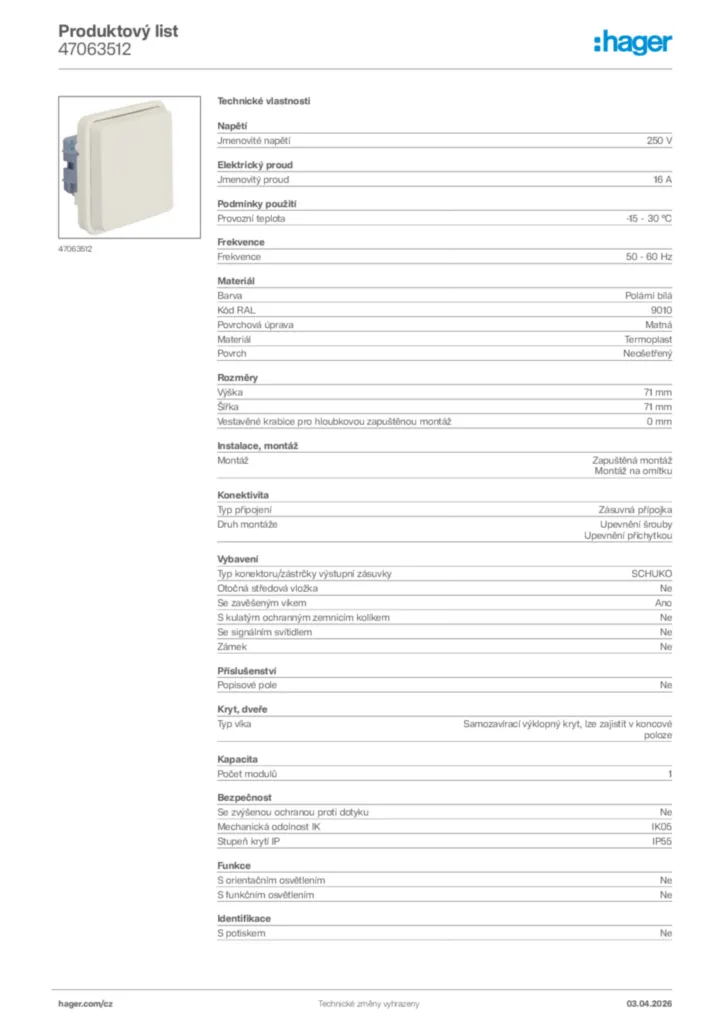 Obrázek Hager Product data sheet 47063512 | Hager