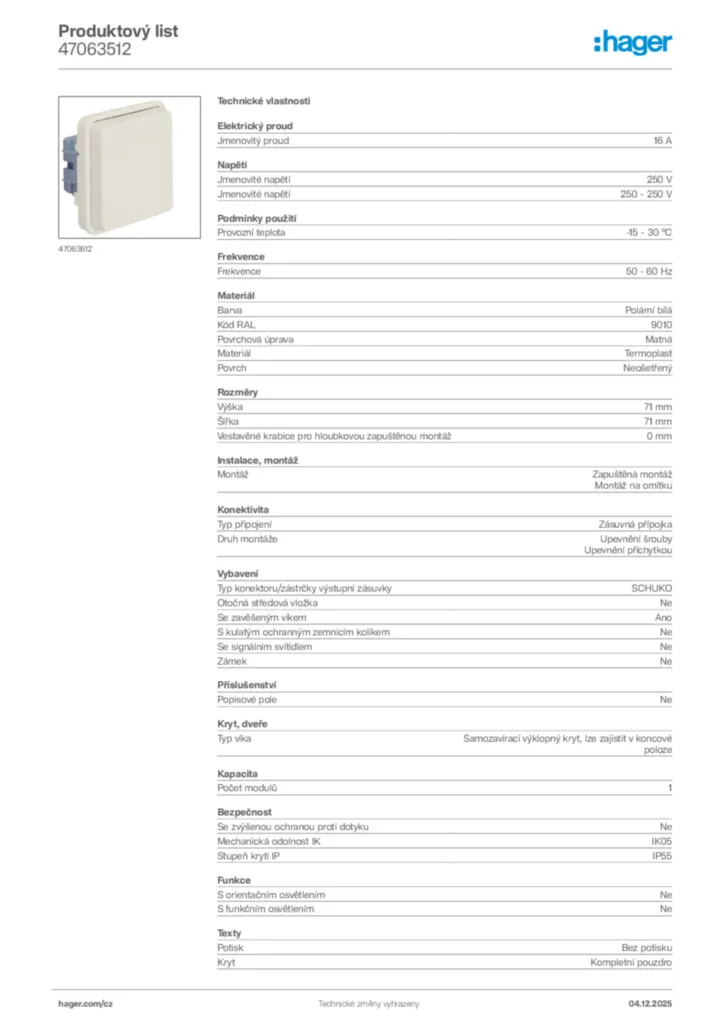 Obrázek Hager Produktový list 47063512 | Hager