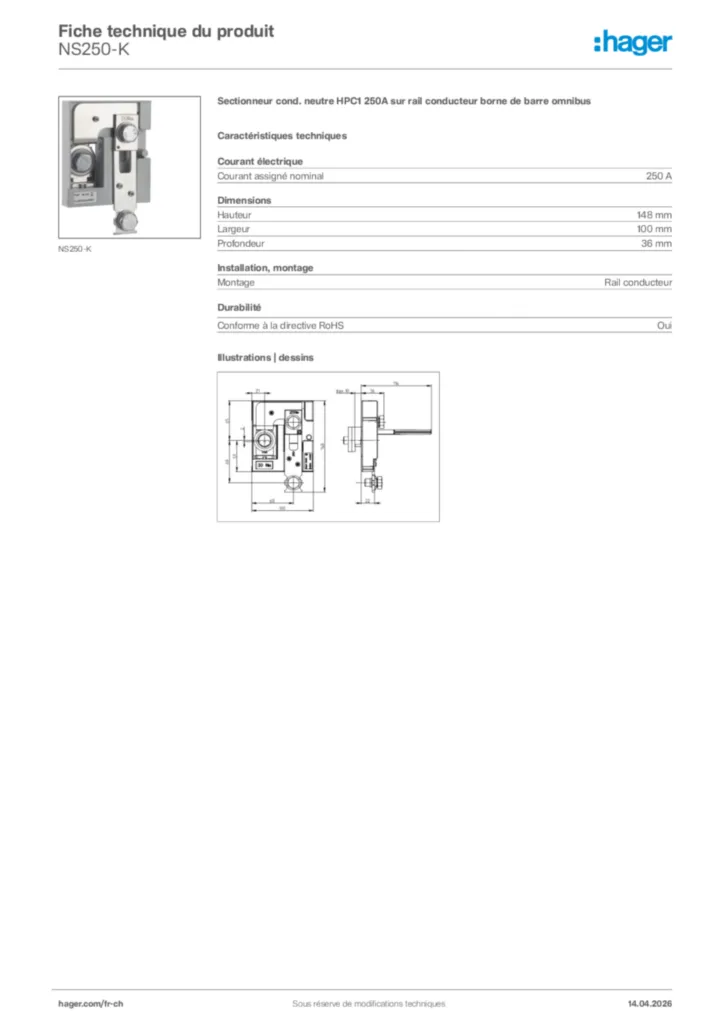 Image Hager Fiche technique du produit NS250-K | Hager Suisse