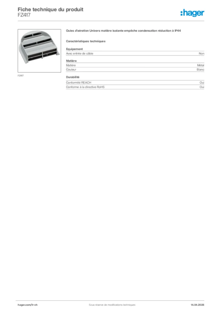 Image Hager Fiche technique du produit FZ417 | Hager Suisse
