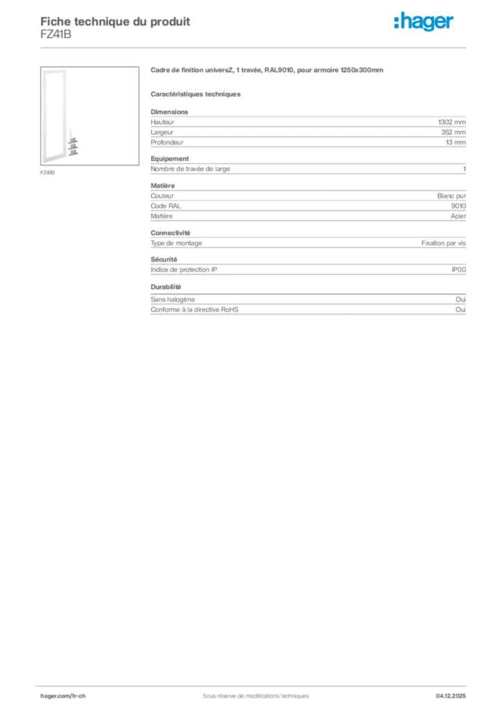 Image Hager Fiche technique du produit FZ41B | Hager Suisse