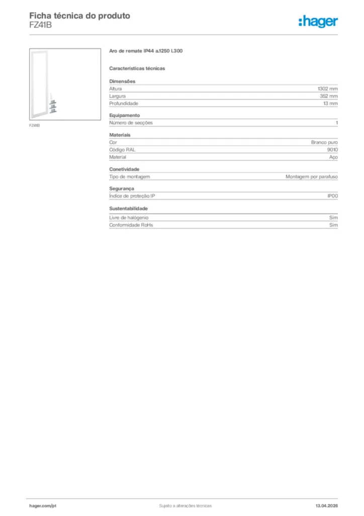 Imagem Hager Ficha técnica do produto FZ41B | Hager Portugal