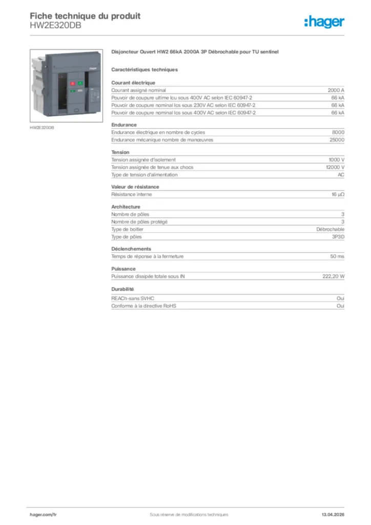 Image Hager Fiche technique du produit HW2E320DB | Hager France