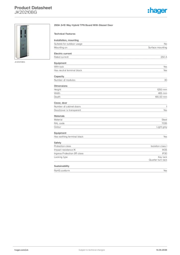 Image Hager Product data sheet JK20210BG  | Hager