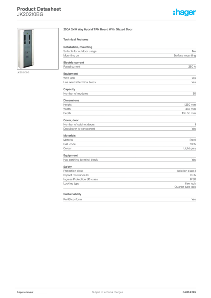 Image Hager Product data sheet JK20210BG  | Hager