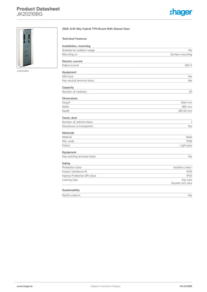 Image Hager Product data sheet JK20210BG  | Hager