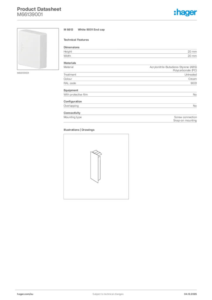 Image Hager Product data sheet M66139001  | Hager Australia