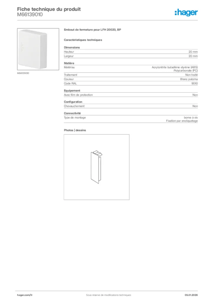 Image Hager Fiche technique du produit M66139010 | Hager France