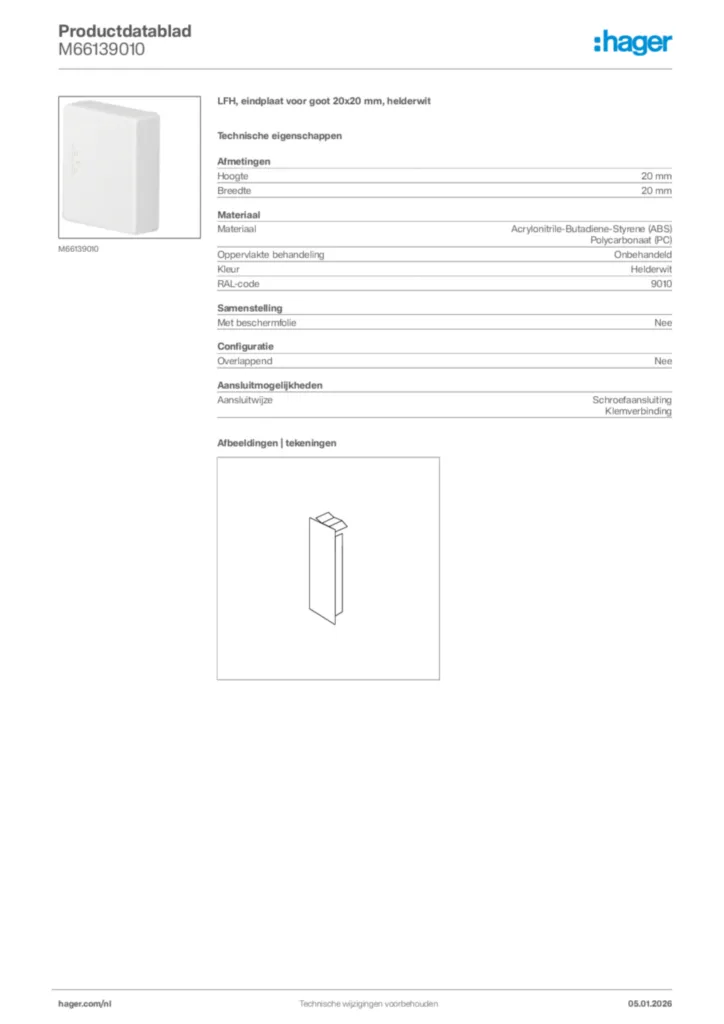 Afbeelding Hager Productdatablad M66139010 | Hager Nederland