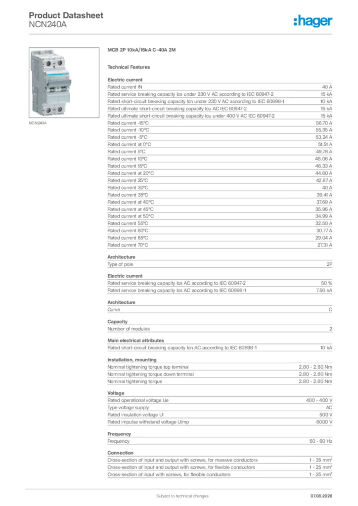 Image Hager Product data sheet NCN240A  | Hager Africa