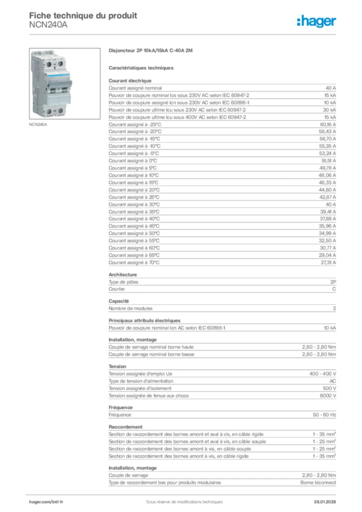 Image Hager Fiche technique du produit NCN240A | Hager Afrique