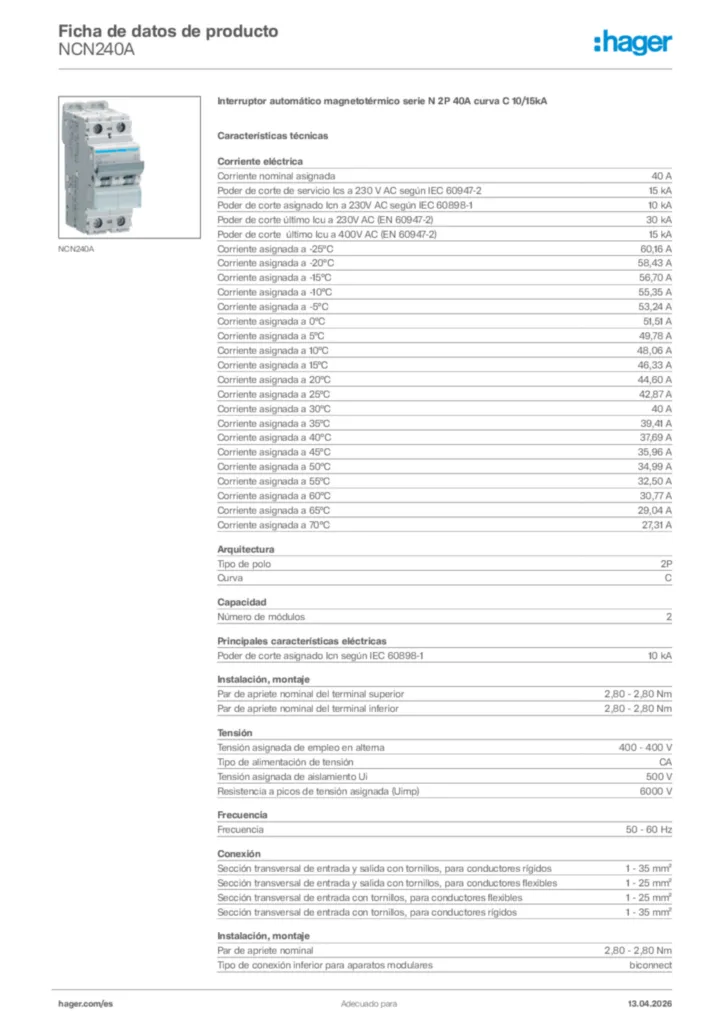 Imagen Hager Ficha de datos de producto NCN240A | Hager España
