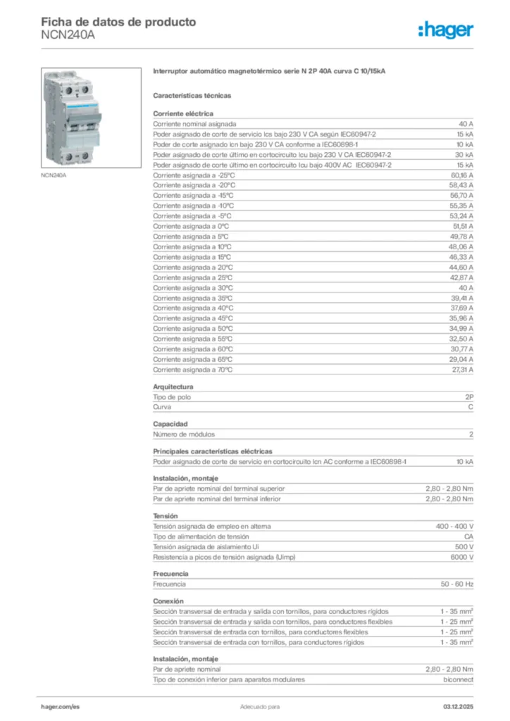 Imagen Hager Ficha de datos de producto NCN240A | Hager España