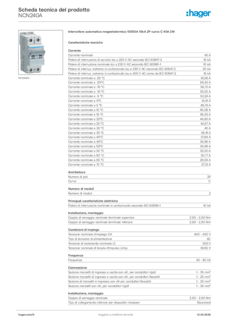 Immagine Hager Scheda tecnica del prodotto NCN240A | Hager Italia